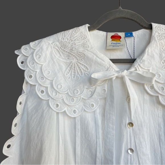 FARM RIO ANTHRO NWT White Embroidered Peter Pan Collared Long Sleeve Mini Dress - Picture 4 of 17